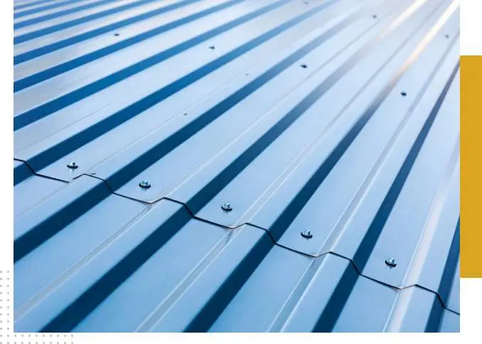 Blue corrugated metal roof panels.